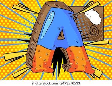 Carta de dibujos animados A, alfabeto de cómic. Cómics de Vector retro diseño de arte pop.