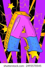 Cartoon Letter A, comic book Alphabet. Retro vector comics pop art design.