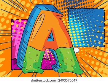 Cartoon Letter A, comic book Alphabet. Retro vector comics pop art design.