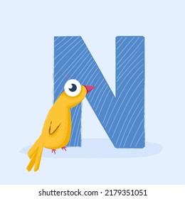 Cartoon letter of the alphabet with animal character bird nightingale for design, books, print, design, poster, greeting card, postcard