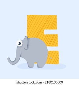 Cartoon letter of the alphabet with animal character elephant for design, books, print, design, poster, greeting card, postcard
