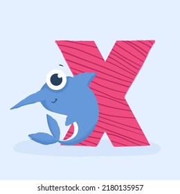 Cartoon letter of the alphabet with animal character fish xerus for design, books, print, design, poster, greeting card, postcard