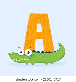 Cartoon letter of the alphabet with animal character alligator for design, books, print, design, poster, greeting card, postcard
