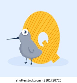 Cartoon letter of the alphabet with animal character qiwi bird for design, books, print, design, poster, greeting card, postcard