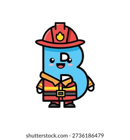 Cartoon letter B as firefighter in red uniform and helmet