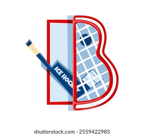 Cartoon letter b incorporating ice hockey stick, puck and net for fun kids learning and education. Vector sport font, typeface, funny type, English alphabet. Playful typography character for children