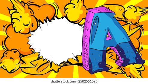 Cartoon-Buchstabe A mit leerer Sprechblase, Comic-Alphabet-Hintergrund. Retro Vektor Comics Pop Art Design.