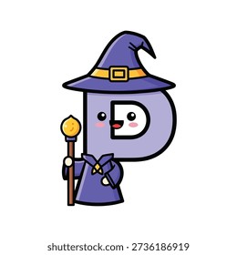 Cartoon letter D wizard character in purple attire with magic staff