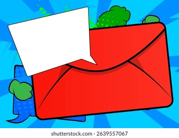 Cartoon Letter Envelope with blank speech bubble, comic book Mail background. Retro vector comics pop art design.