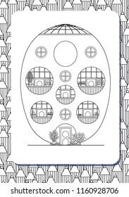 Cartoon letter O, number 0 drawn in the shape of house. Isolated on white. Vertical portrait page for coloring book. Vector illustration. Cute background with pencils. English abc. Building font. 