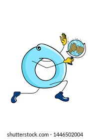 cartoon letter O running with globe in hand
