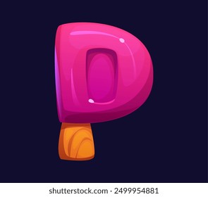 Cartoon Letter P shaped like a pink popsicle on a wooden stick. Candy and confectionery alphabet, sweets typeface, font, type. Isolated vector typography symbol as a pink glossy ice cream dessert