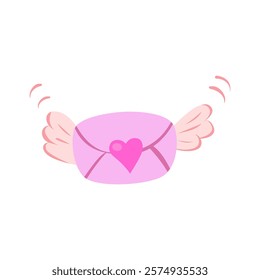 Cartoon letter with pink heart and wings. Cute sticker  for Valentine's day. Clip art vector illustration isolated on white background