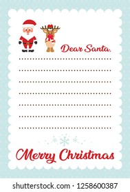 cartoon letter to santa with christmas deer and santa claus