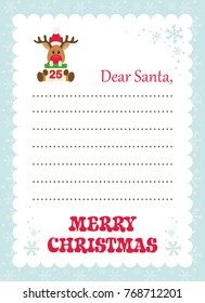 cartoon letter to santa with christmas deer and calendar