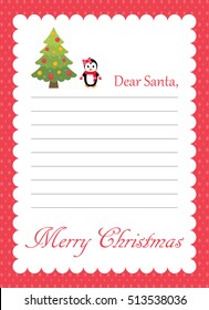 cartoon letter to santa with christmas fir tree and winter penguin