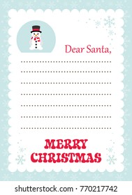 cartoon letter to santa with snowman