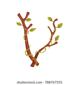Cartoon letter V in form of tree branch with green leaves. English alphabet concept. Creative font in flat style. Colored vector design for mobile game, poster or print