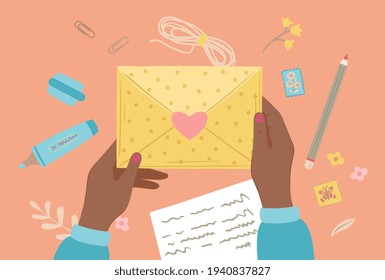 Cartoon letter writing. Hand prepare letters, postal graphic elements. Color envelope, writing message on paper. Postcrossing exact vector concept