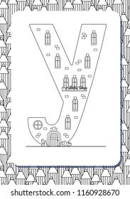 Cartoon letter Y drawn in the shape of house. Isolated on white. Vertical portrait page for coloring book. Vector illustration. Cute background with pencils. English font. Architectural alphabet