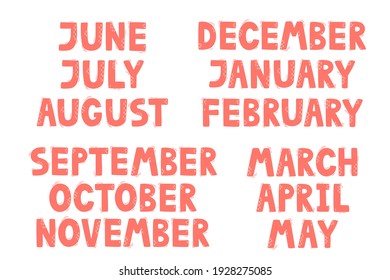 Cartoon lettered all months of the year set. Vector words January, February, March, April, May, June, July, August, September, October, November, December.