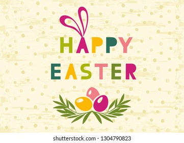 Cartoon lettering Happy Easter Hand drawn calligraphy on a gold polka dot background. Great for greeting card, poster, label, sticker