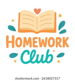 Cartoon lettering “Homework Club” with open book, heart and leaves. Flat vector clipart for school and kids education.