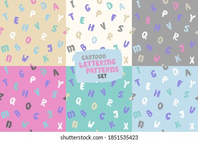Cartoon lettering seamless patterns set with english alphabet, vector baby style background, gentle colors