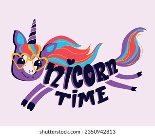 Cartoon lettering unicorn print. Running unicorn with hand written text