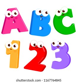 Cartoon Letters ABC and numbers 123 with cute and funny faces. Vector illustration