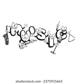 Cartoon letters make up the word music