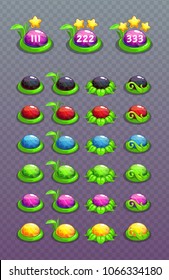 Cartoon level pointers set. Vector map pins for game or web design. Placeholder icons.