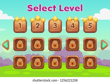 Cartoon level selection game screen, vector wooden assets on the meadow background. Wooden gui set.