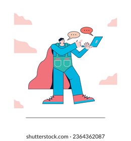Cartoon levitating flat character of a super hero holding a laptop, code debugging, tech support mascot, computer repair concept. Vector illustration