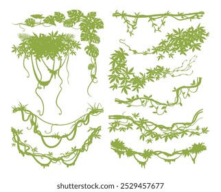 Cartoon liana creepers branches. Tropical climbing liana plants with moss, rainforest flora flat vector illustration set. Jungle liana vines on white