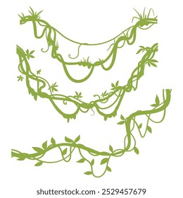 Cartoon liana plants. Jungle tropical climbing creepers branches with moss flat vector illustration set. Rainforest liana vines silhouettes on white