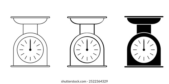 Herramientas de cocina Libra de dibujos animados. Escalas analógicas. Medición de una escama con un tazón. Escala de peso analógica. icono o símbolo de peso. Utensilios de cocina.