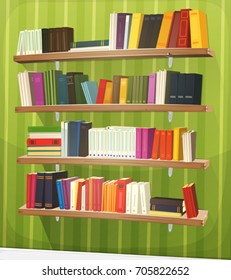 Cartoon Library Bookshelf On The Wall/
Illustration of a cartoon home, school or library store wooden bookshelf, full of books