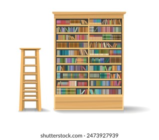 Cartoon library bookshelf and wooden ladder. Vintage library shelf full of book isolated vector illustration