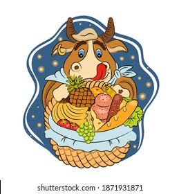 Cartoon licking bull with a basket of groceries. Vector illustration of funny animal. Symbol of 2021. Isolated on white. 