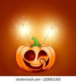 Cartoon licking pumpkin funny with cute face and two bengal sparklers. Halloween concept