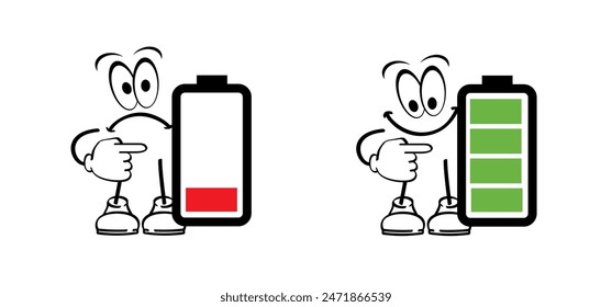 Cartoon Life energy mascot. Stickman with red, green low battery or stick man with green full level. Charge indicator pictogram. Happy and unhappy, Energetic, tired or exhausted symbol. Burnout.