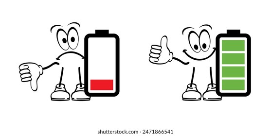 Cartoon Life energy mascot. Stickman with red, green low battery or stick man with green full level. Charge indicator pictogram. Happy and unhappy, Energetic, tired or exhausted symbol. Burnout.