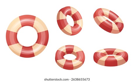 Cartoon lifebuoy. Swimming rubber lifebuoy in different rotations. Beach lifeguard accessory, support for swim and play in water, nowaday vector set
