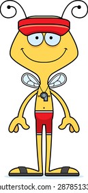 A cartoon lifeguard bee smiling.