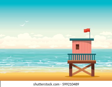 Cartoon lifeguard tower on the beach with blue ocean and cloudy sky. Vector summer illustration.  svg
