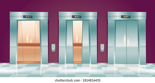 Cartoon lift doors, empty elevators in office hallway with closed, slightly ajar and open doorways. Lobby interior with passenger or cargo cabins, button panel and floor indicator vector illustration