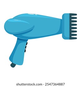 Cartoon light blue hair dryer blowing hot air, professional tool for hair care and styling