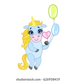 Cartoon light blue lovely unicorn standing and holding colorful balloons. Fairy tale vector character