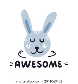 Cartoon light blue rabbit hand drawn character. Xmas time funny animal. Awesome lettering. Christmas sketch drawing. Winter holidays clipart. Greeting card, poster design